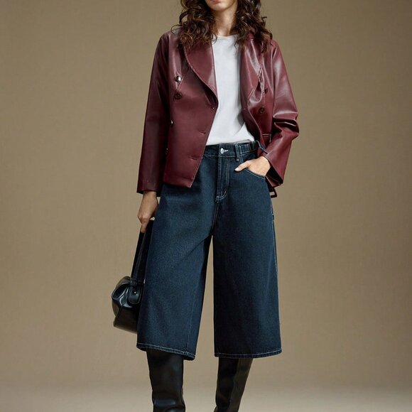 Burgundy Preppy Women's Detachable Shawl Coat with Chic Lapel & Cape - Picture 3 of 8